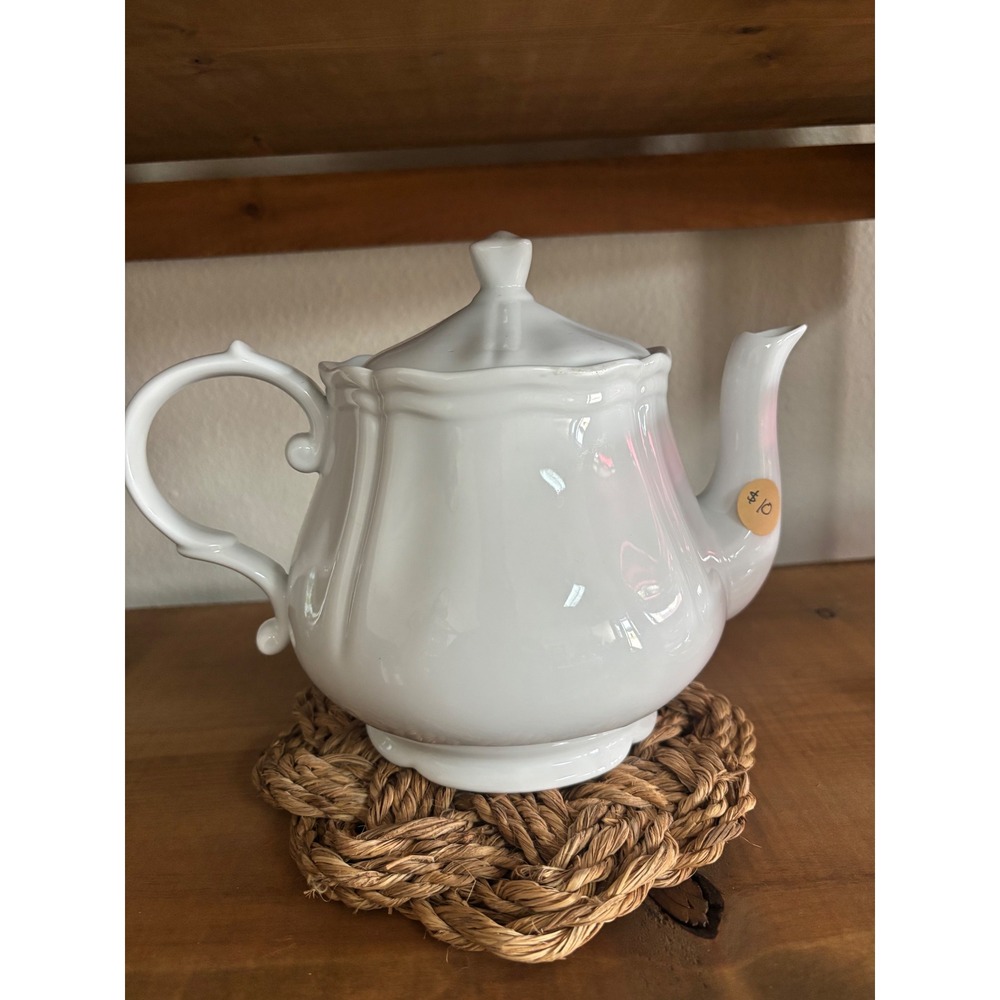 Coastline Imports White Fine Porcelain Teapot Paneled Ceramic Tea Pot 6.5in